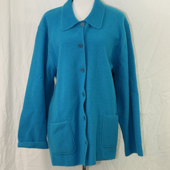 100% Merino Wool 3X Jacket with Pockets Shachet Button Front Cardigan Teal Blue - Picture 7 of 7